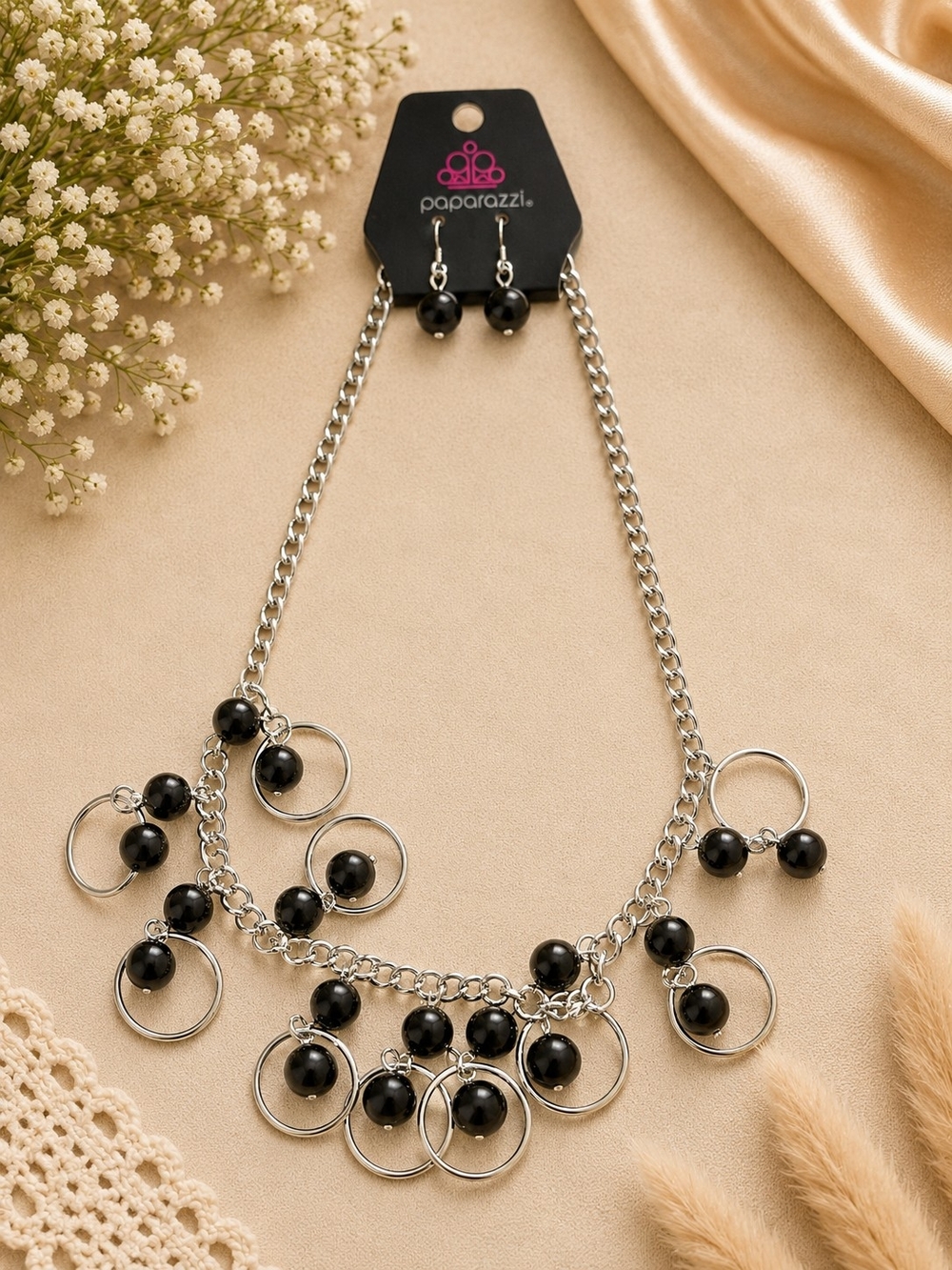 paparazzi Silver-Tone Circle & Black Bead Drop Necklace with Matching Earrings
